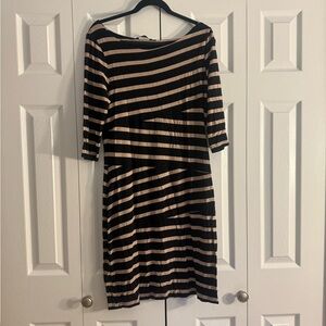 Elegant Black and Tan Striped Long Sleeve Dress